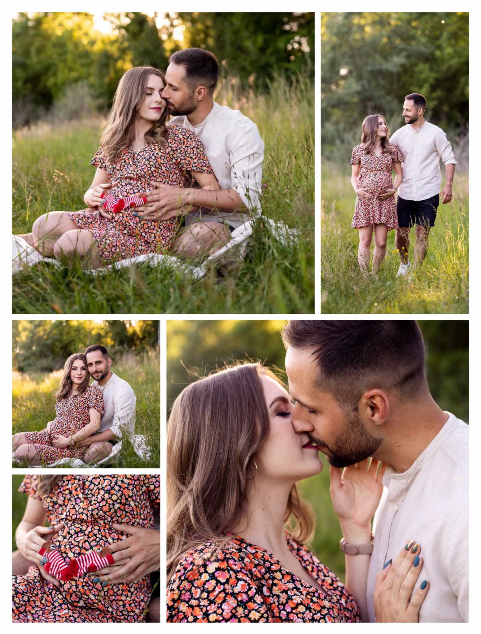 Kolaż z sesji ciążowej w plenerze: przyszła mama w kwiecistej sukience z partnerem, czule dotykają brzuszka, trzymają skarpetki dla dziecka, wymieniają pocałunki.