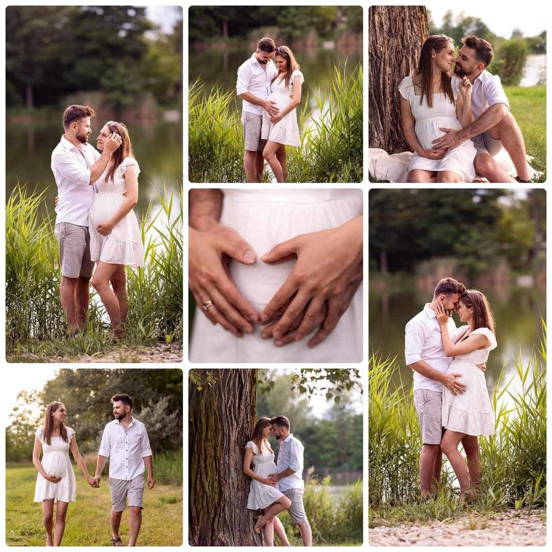 Kolaż zdjęć z sesji ciążowej: para w białych ubraniach pozuje na łonie natury, jezioro i zieleń w tle. Centralne ujęcie dłoni tworzących serce na brzuchu.
