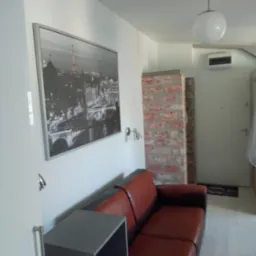 Wnętrze pokoju z czerwoną skórzaną sofą, szarą szafką, obrazem z wieżą Eiffla na ścianie, lampą sufitową w kształcie kuli i fragmentem ściany z czerwonej cegły.