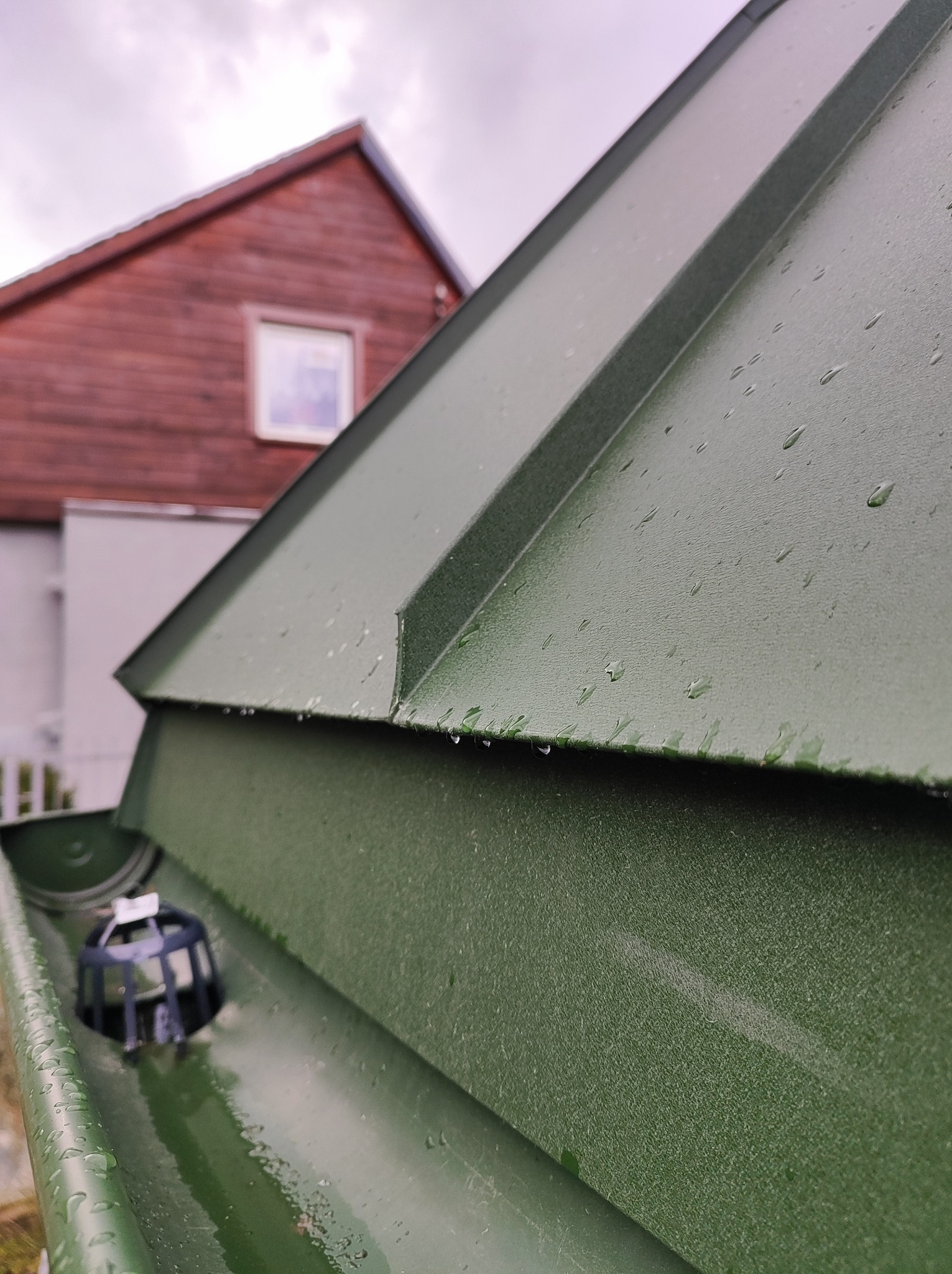 Fragment dachu z blachy trapezowej w kolorze butelkowej zieleni, pokryty kroplami deszczu, z widoczną rynną i zabezpieczeniem przed zapychaniem, w tle czerwony budynek z oknem.