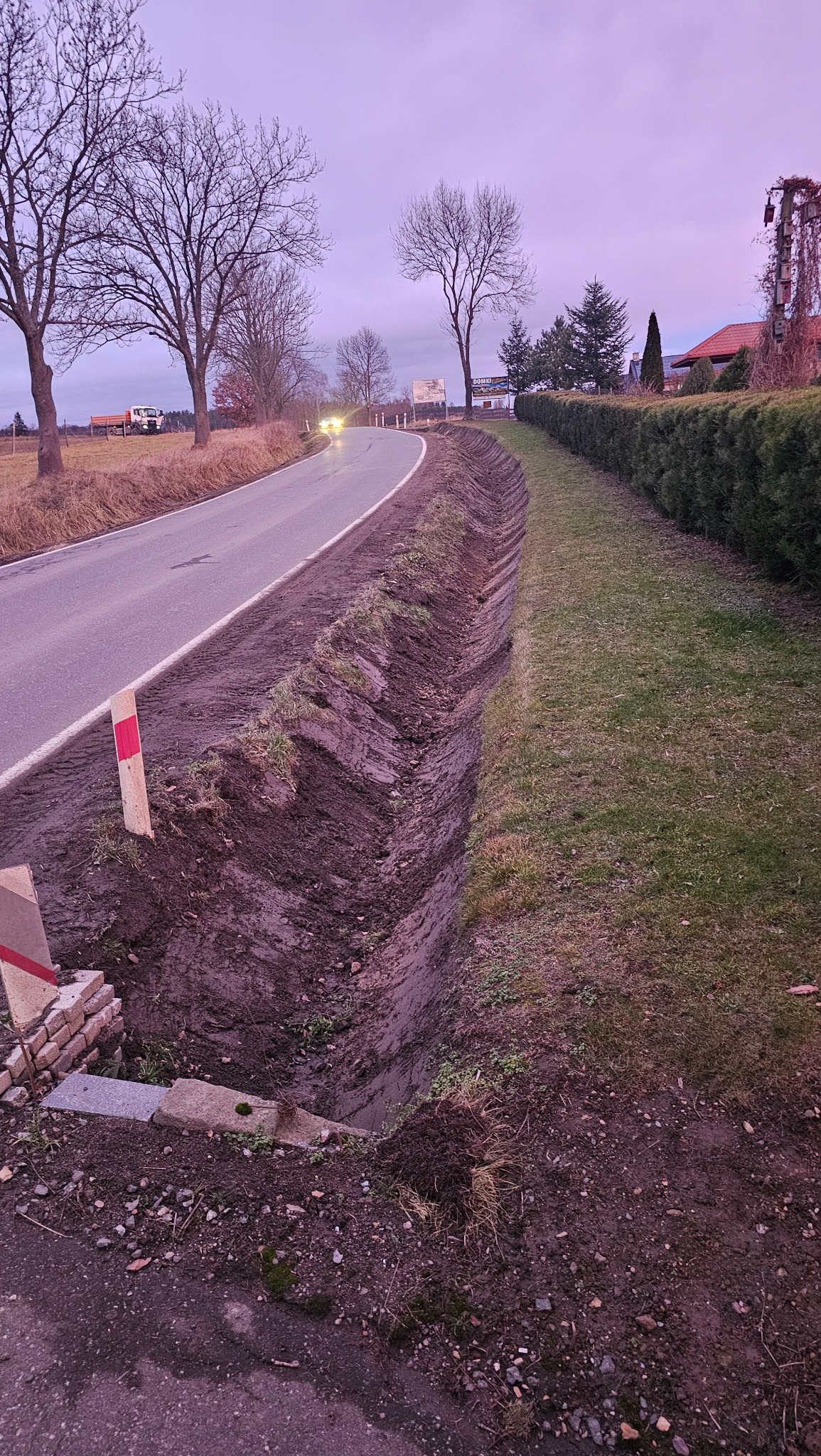 Wykonany rów odwadniający przy drodze asfaltowej, widoczne słupki drogowe i pas zieleni z tujami w tle, oświetlone przez światła nadjeżdżającego samochodu.