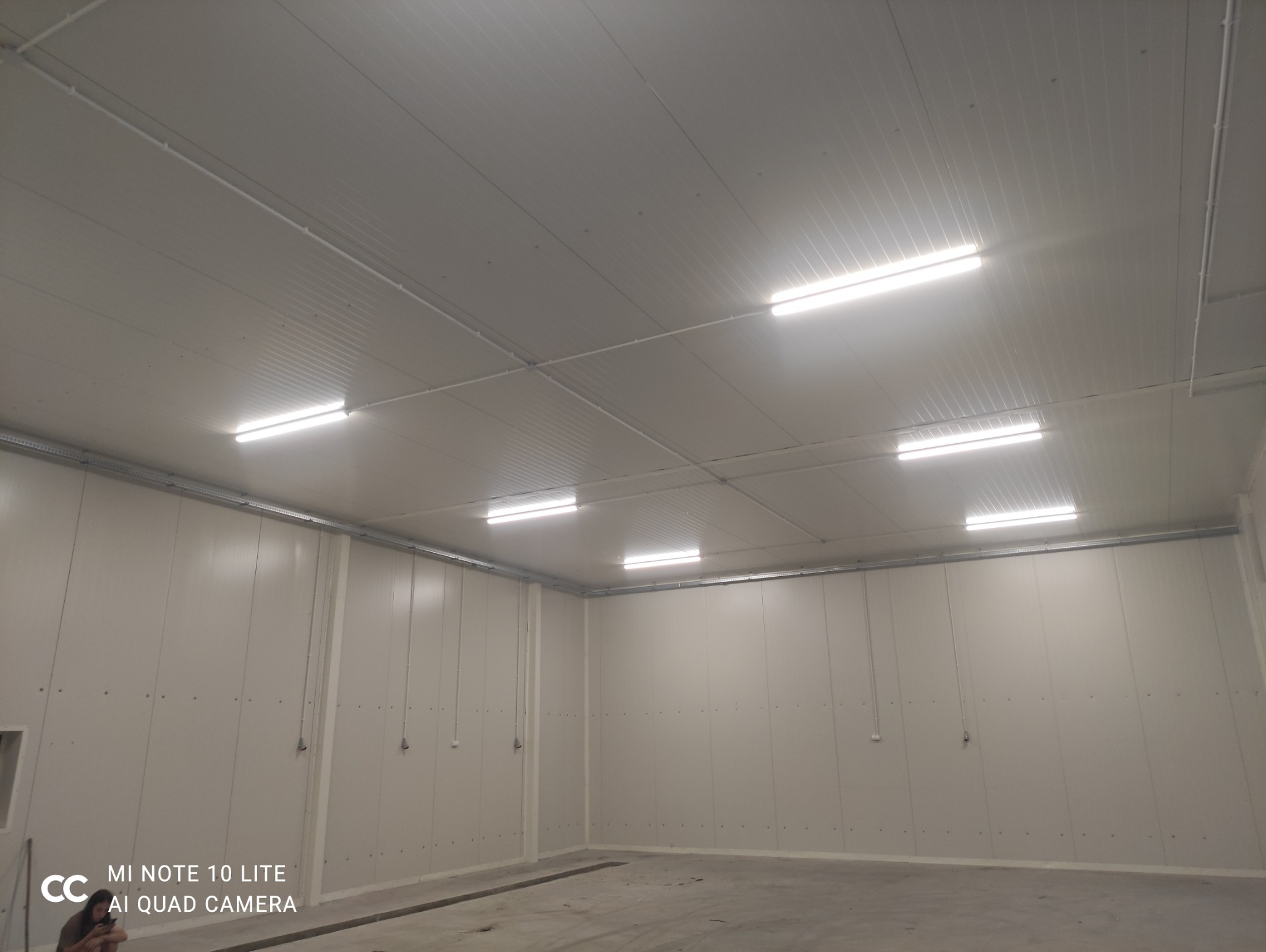 Wnętrze hali z zamontowanym oświetleniem LED. Widoczne panele ścienne i sufitowe w jasnym kolorze oraz równomiernie rozmieszczone lampy.