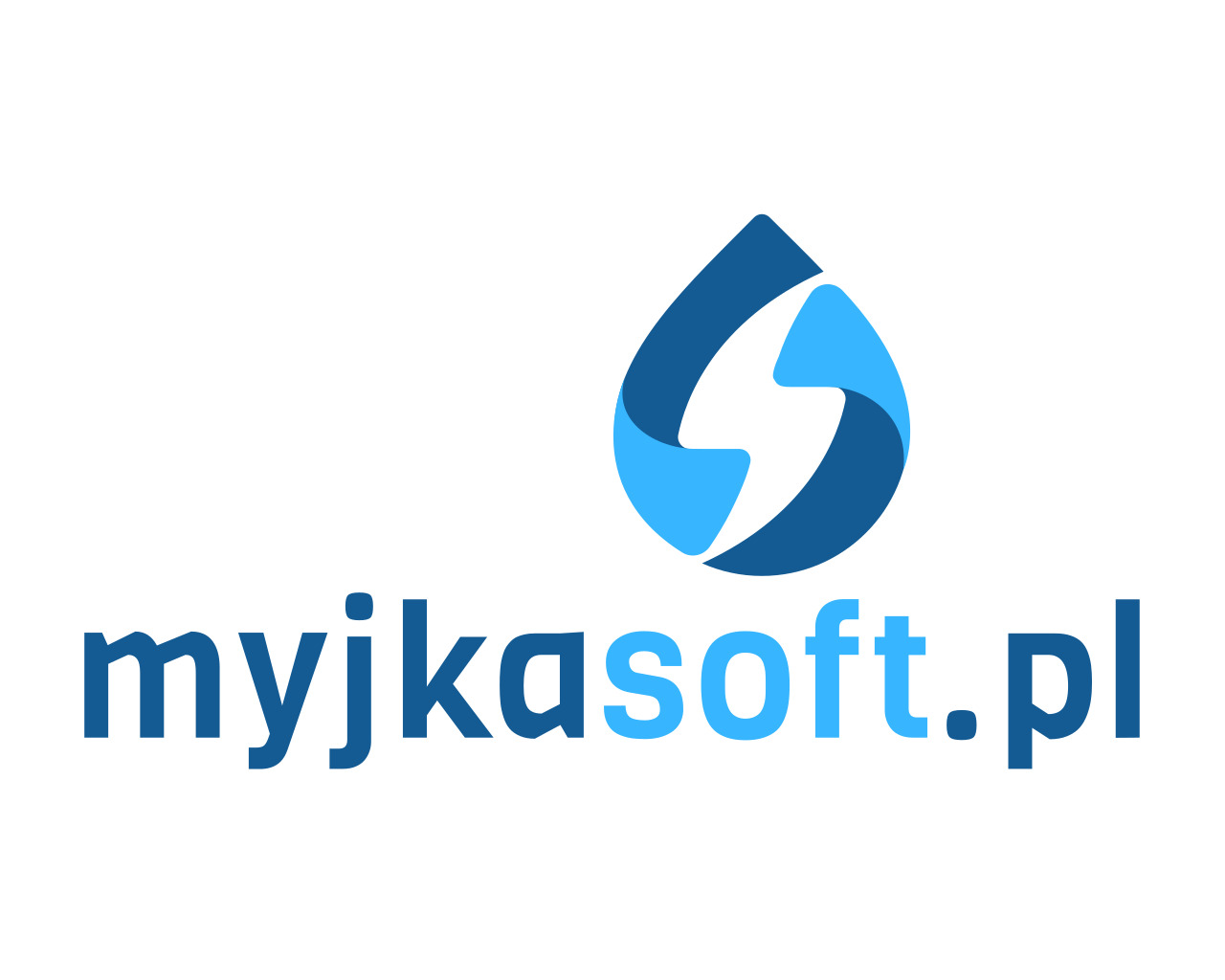 Logo firmy myjkasoft.pl przedstawiające stylizowaną kroplę wody z symbolem błyskawicy w kolorach niebieskich, umieszczone nad nazwą firmy w ciemnoniebieskiej czcionce.