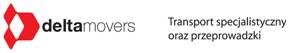 Logo firmy Delta Movers z czerwonym symbolem rombu i tekstem 'Transport specjalistyczny oraz przeprowadzki' po prawej stronie.