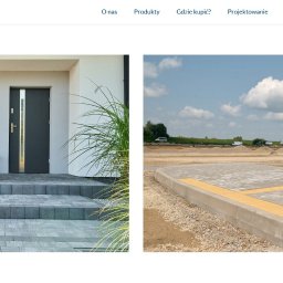 BGLAM sp. z o.o. - Kompozycja dwóch zdjęć: po lewej kobieta z psem siedząca na schodach prowadzących do nowoczesnego domu z szarych kostek brukowych, po prawej traktor z przyczepą na placu wyłożonym kostką brukową...