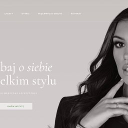 BGLAM sp. z o.o. - Strona internetowa salonu medycyny estetycznej z portretem kobiety w czerni i tekstem 'Zadbaj o siebie w wielkim stylu'.