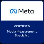 Certyfikat Meta Certified Media Measurement Specialist na ciemnoniebieskim tle z logo Meta w górnej części.