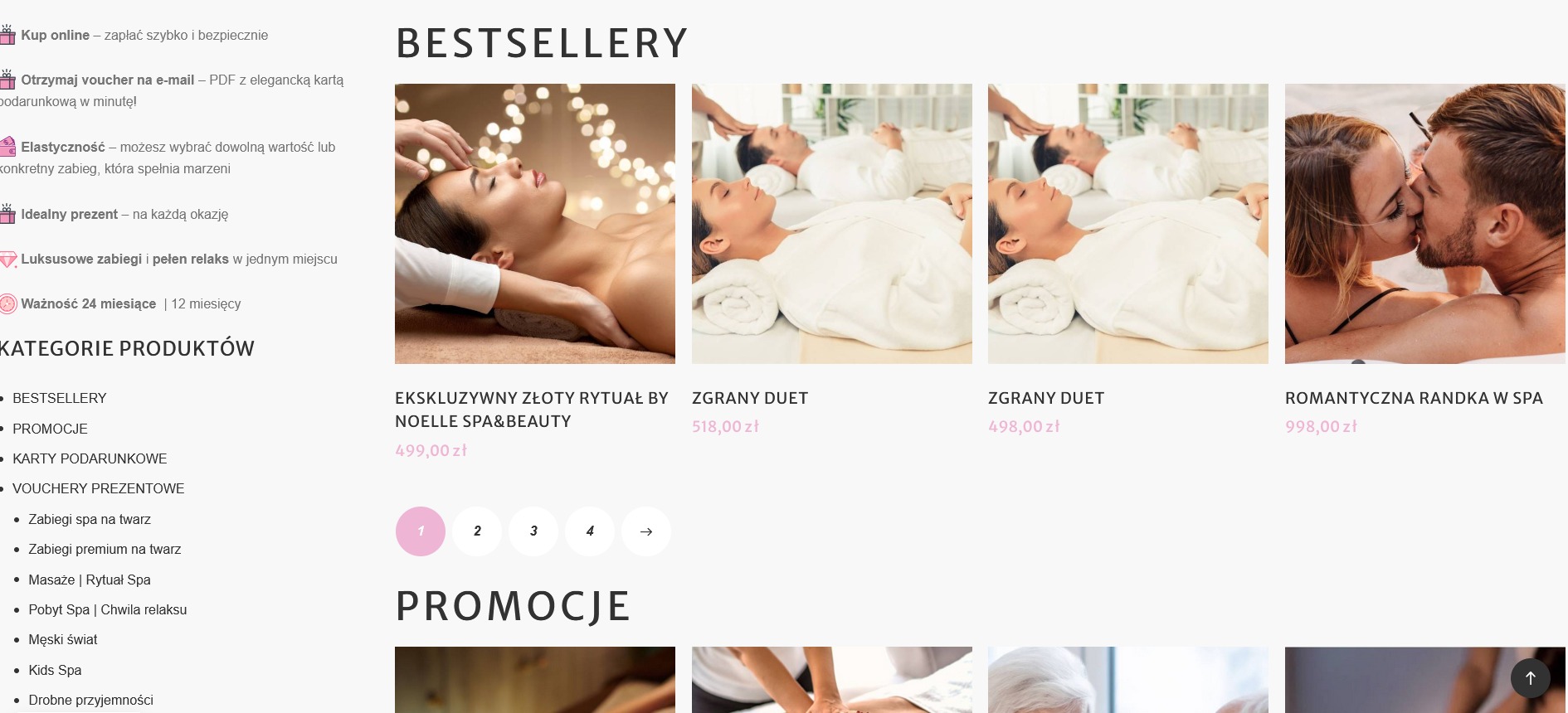 Układ strony internetowej sklepu z ofertami spa: masaż twarzy, zabiegi dla par i romantyczne pakiety, z cenami i przyciskami nawigacji.