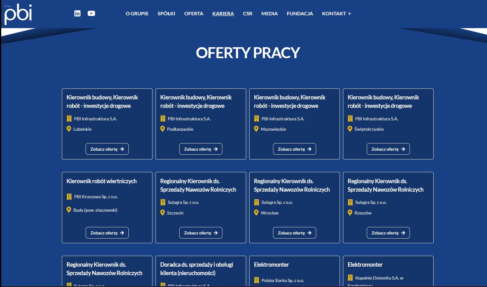 Strona internetowa z ofertami pracy w budownictwie i innych branżach, z logo firmy PBI w lewym górnym rogu.