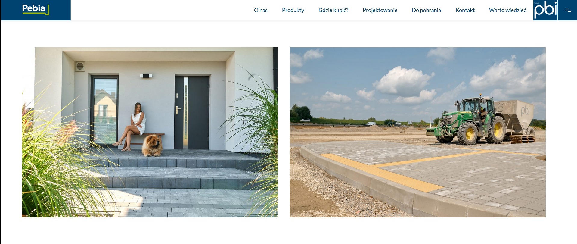 Kompozycja dwóch zdjęć: po lewej kobieta z psem siedząca na schodach prowadzących do nowoczesnego domu z szarych kostek brukowych, po prawej traktor z przyczepą na placu wyłożonym kostką brukową...