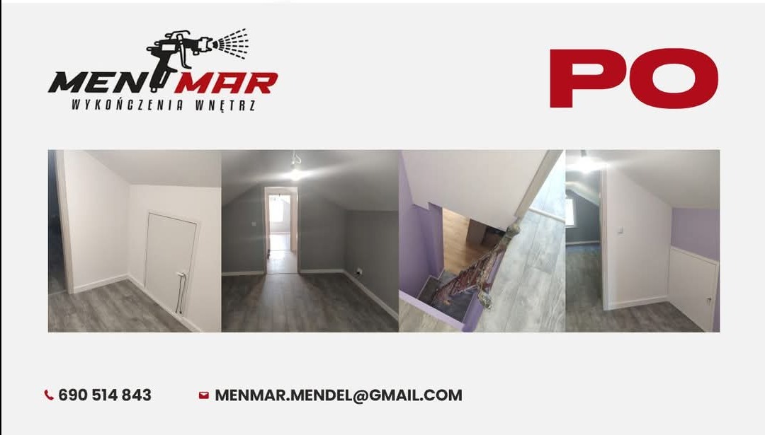 Kompozycja czterech zdjęć przedstawiających wykończone wnętrza poddasza: białe ściany z ukrytymi drzwiami, szare ściany pod skosem, fioletowe akcenty przy schodach, podłoga imitująca drewno, logo...