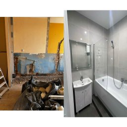 Dawid nowak - Zdjęcie typu 'przed i po' prezentujące remont łazienki: zdemolowane wnętrze z odpadami i nowa, wykończona łazienka z wanną, umywalką i szklanym parawanem.