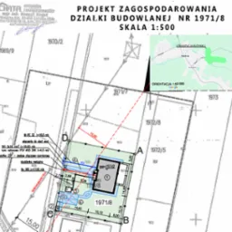 Projekt zagospodarowania działki budowlanej nr 1971/8 w skali 1:500, zawierający plan sytuacyjny z naniesionymi wymiarami, przyłączami i lokalizacją budynku na mapie.