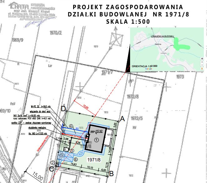 Projekt zagospodarowania działki budowlanej nr 1971/8 w skali 1:500, zawierający plan sytuacyjny z naniesionymi wymiarami, przyłączami i lokalizacją budynku na mapie.
