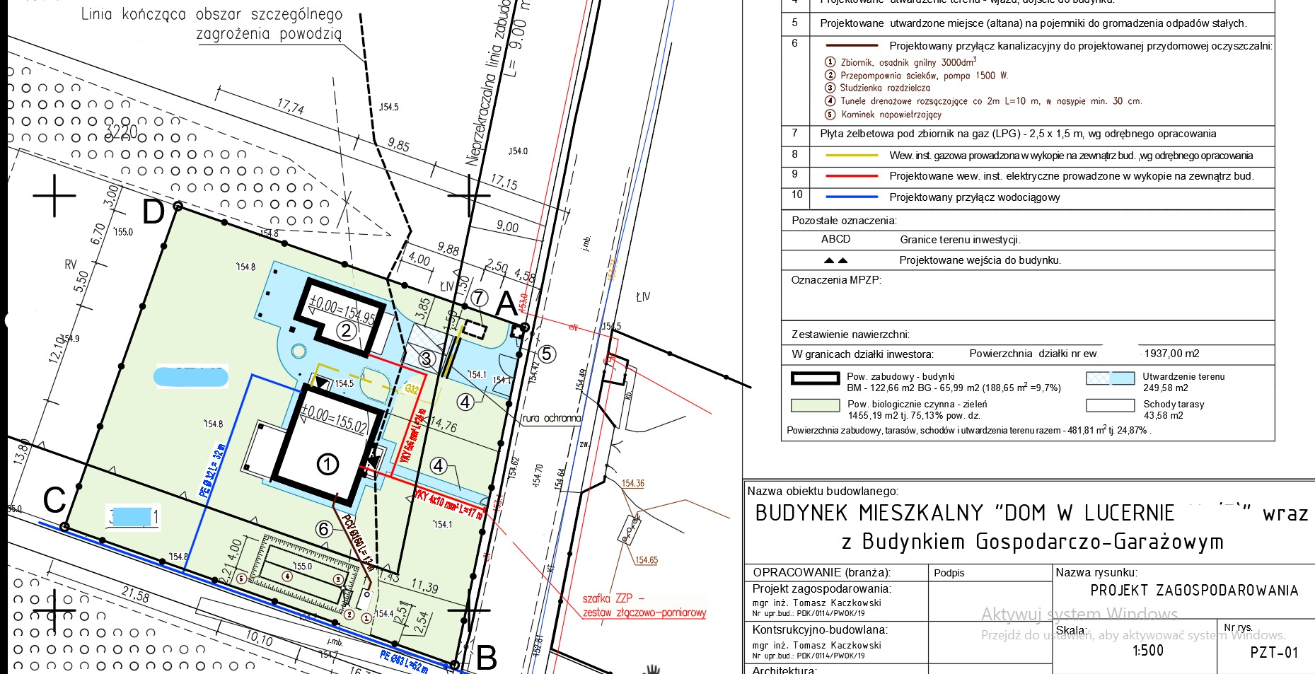 Projekt zagospodarowania terenu z oczyszczalnią przydomową w sąsiedztwie terenów zalewowych.