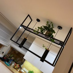 Loftski Poznań bramy przęsła balustrady - Metalowa konstrukcja sufitowa z oświetleniem i rośliną doniczkową w nowoczesnej kuchni z białymi szafkami.