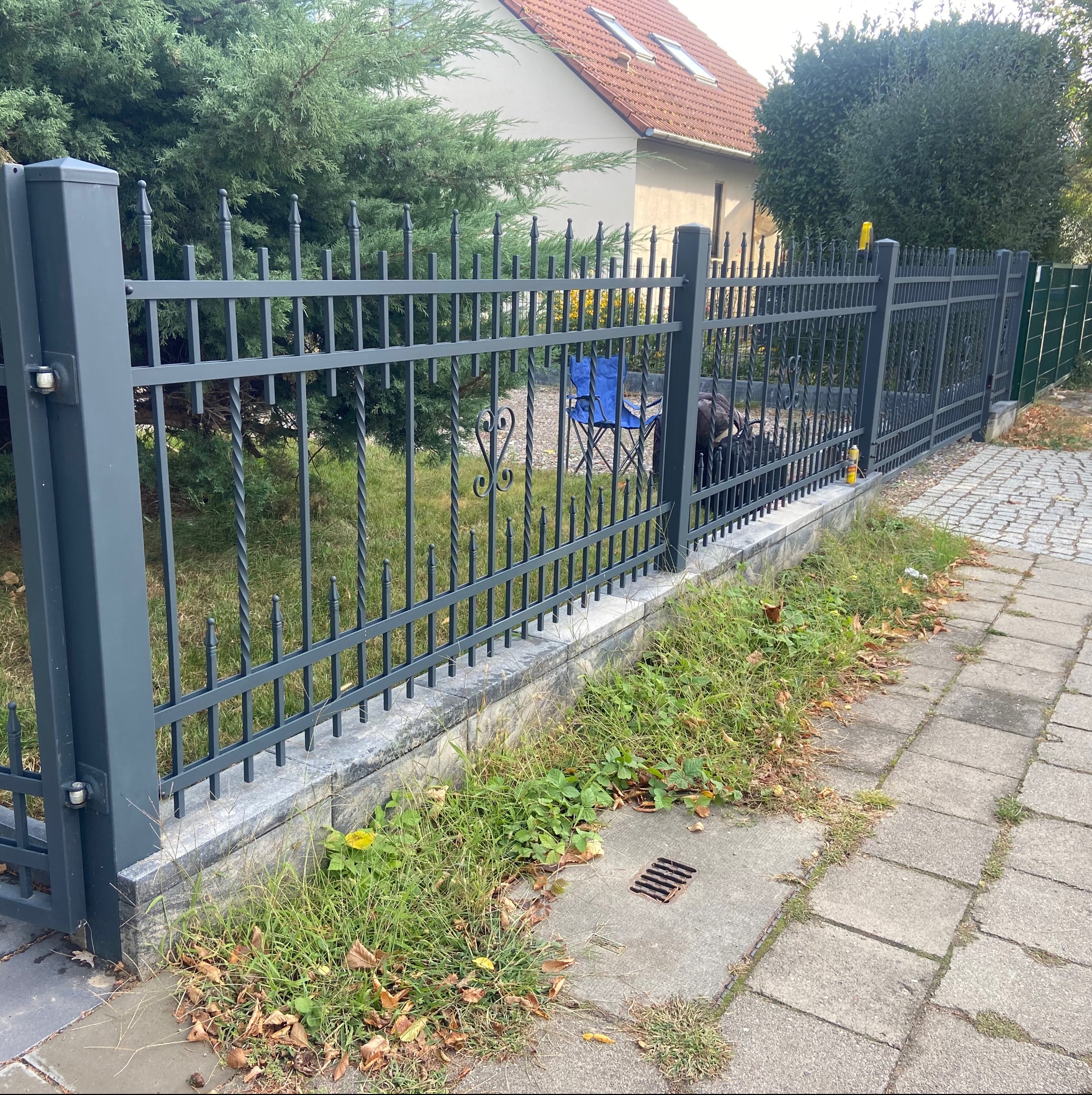 Ciemnoszare metalowe ogrodzenie z dekoracyjnymi elementami, widoczne z poziomu chodnika, zarośnięte trawą, w tle dom z czerwonym dachem i niebieskie krzesło ogrodowe.