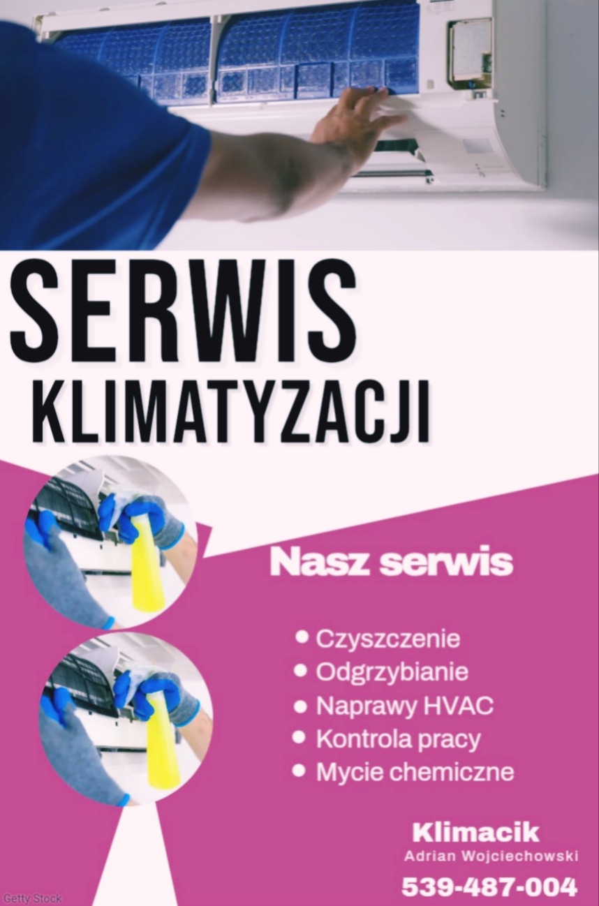 Plakat reklamowy serwisu klimatyzacji: czyszczenie filtrów, odgrzybianie, naprawy HVAC, kontrola pracy, mycie chemiczne. Widoczny pracownik w trakcie czyszczenia klimatyzatora.