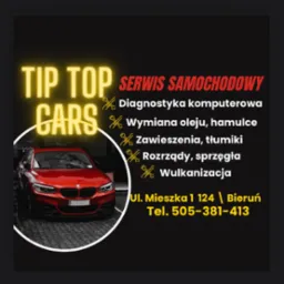 Grafika reklamowa serwisu samochodowego Tip Top Cars z czerwonym samochodem w lewym dolnym rogu, oferującego diagnostykę komputerową, wymianę oleju i wulkanizację w Bieruniu.