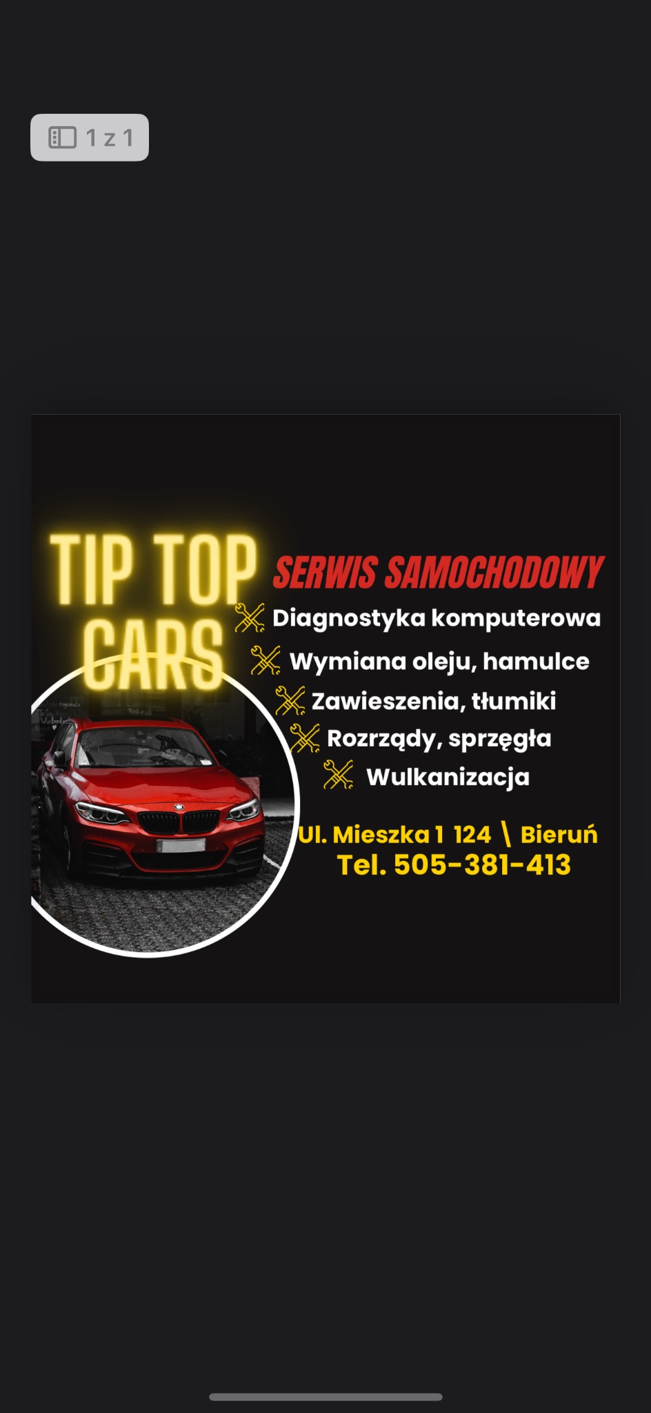 Grafika reklamowa serwisu samochodowego Tip Top Cars z czerwonym samochodem w lewym dolnym rogu, oferującego diagnostykę komputerową, wymianę oleju i wulkanizację w Bieruniu.