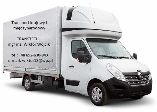 Biały samochód dostawczy Renault Master z plandeką, na której widnieje napis 'Transport krajowy i międzynarodowy TRANSTECH mgr inż. Wiktor Wójcik tel: +48 692-630-843 e-mail: wiktor18@wp.pl'...