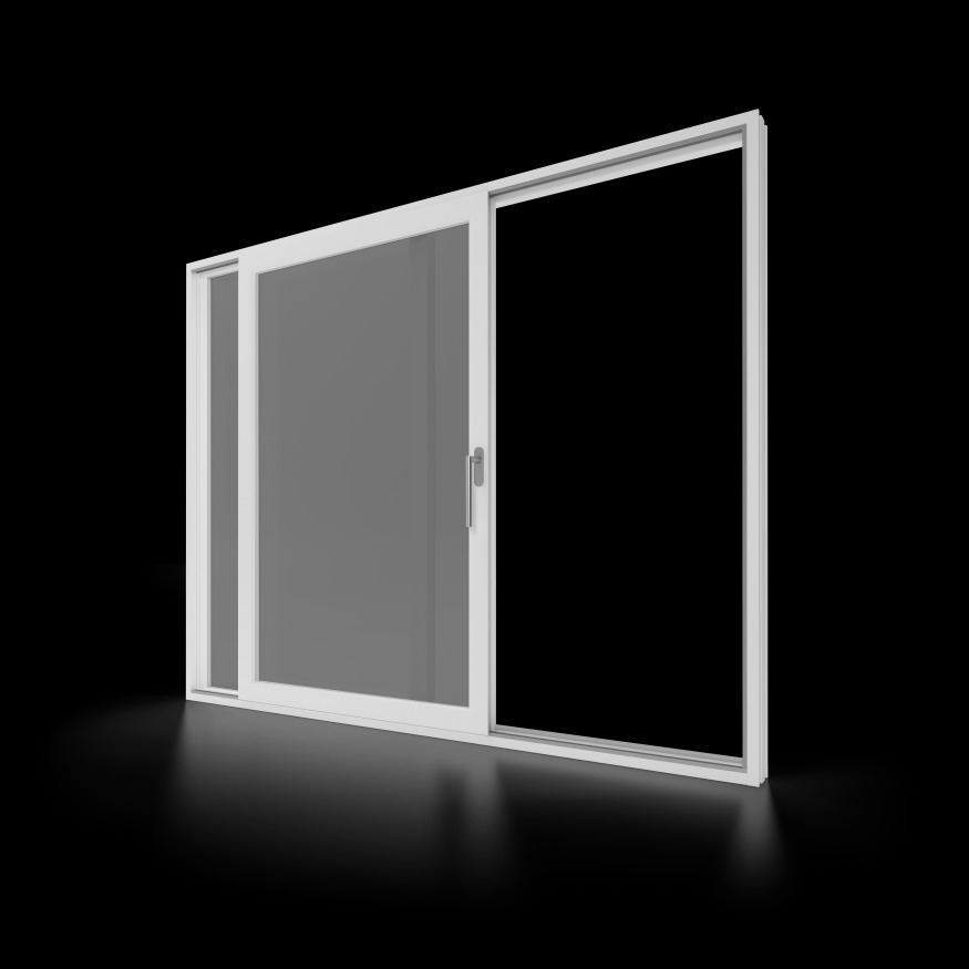 Nowoczesne białe drzwi przesuwne z dużym przeszkleniem na czarnym tle, widoczny metalowy uchwyt.