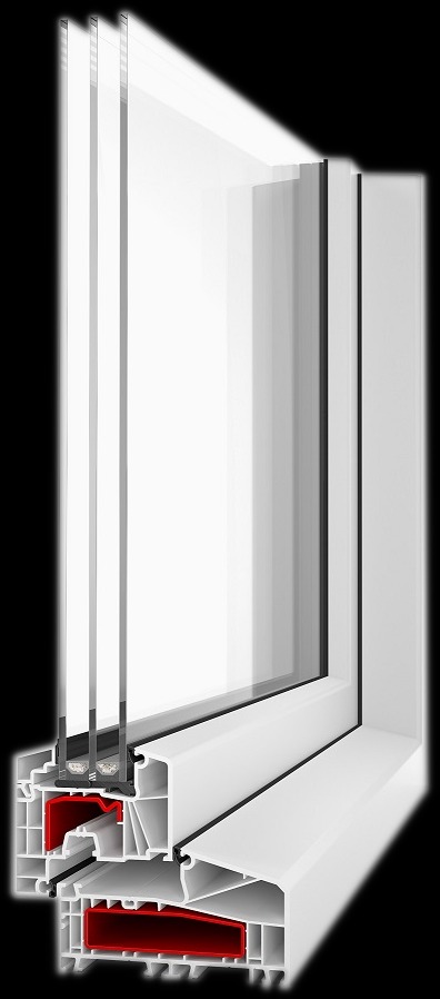 Przekrój okna z trzema szybami, ukazujący konstrukcję ramy z białego tworzywa i czerwonymi elementami izolacyjnymi.