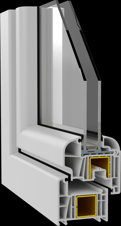 Przekrój ramy okiennej z tworzywa sztucznego, ukazujący komory wewnętrzne i uszczelki, na czarnym tle.