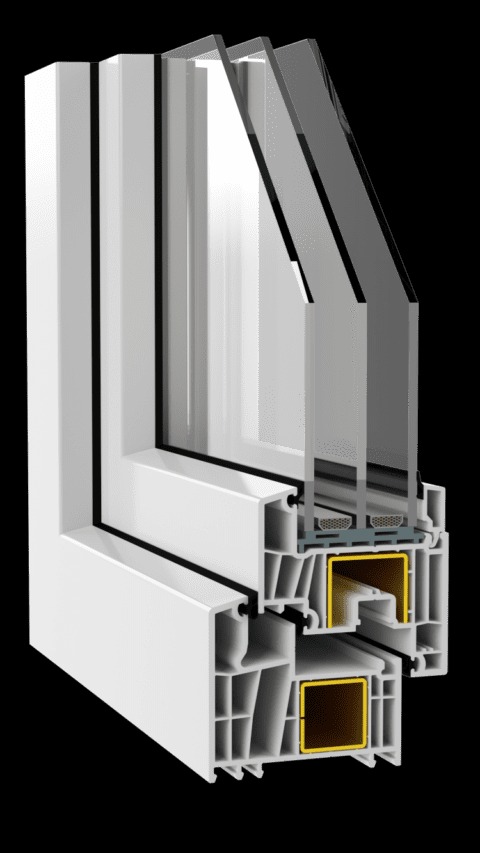 Przekrój ramy okiennej z trzema szybami, ukazujący wewnętrzną konstrukcję z widocznymi komorami i uszczelkami, na czarnym tle.