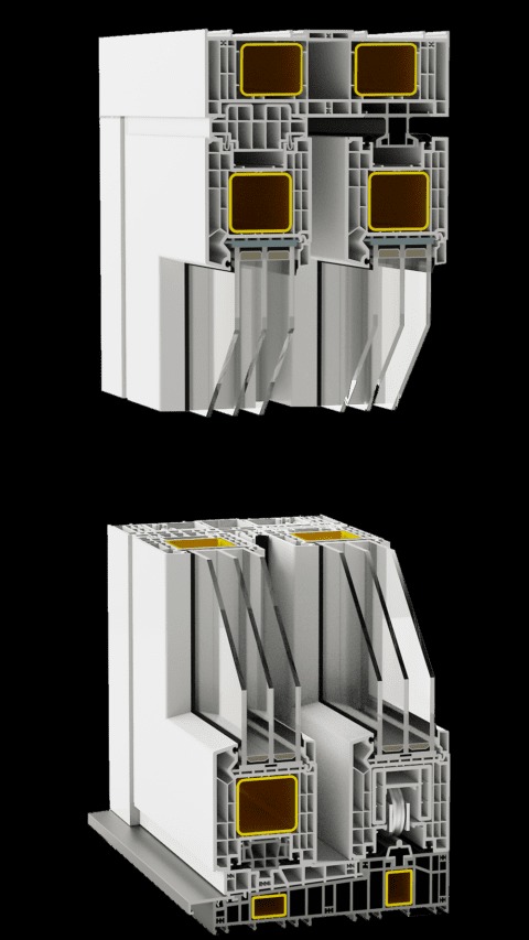 Przekrój poprzeczny ramy okiennej z tworzywa sztucznego z widocznymi komorami wewnętrznymi i szybami zespolonymi.