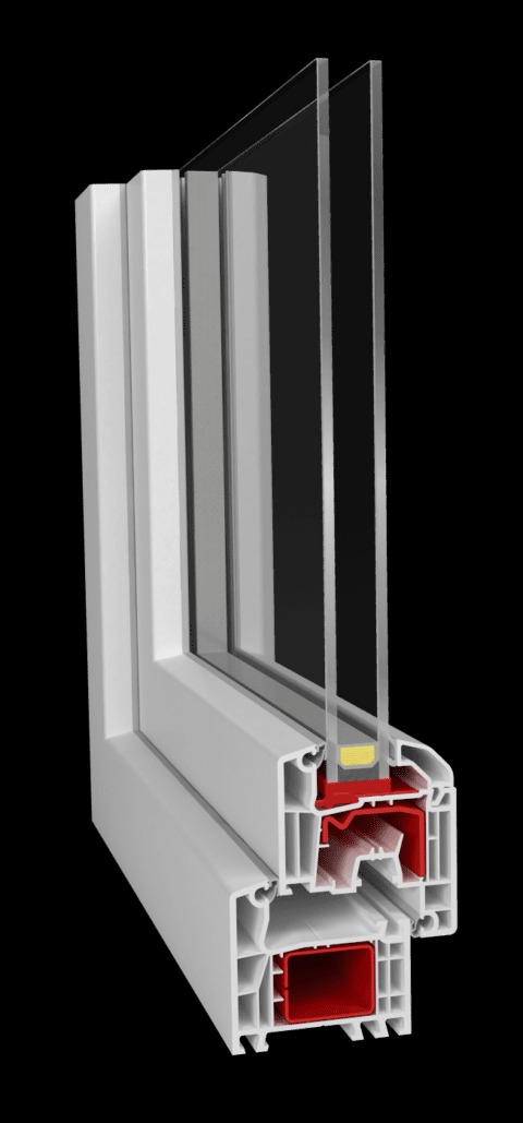Przekrój ramy okiennej z tworzywa sztucznego, ukazujący wielokomorową konstrukcję i uszczelki w kolorze czerwonym.
