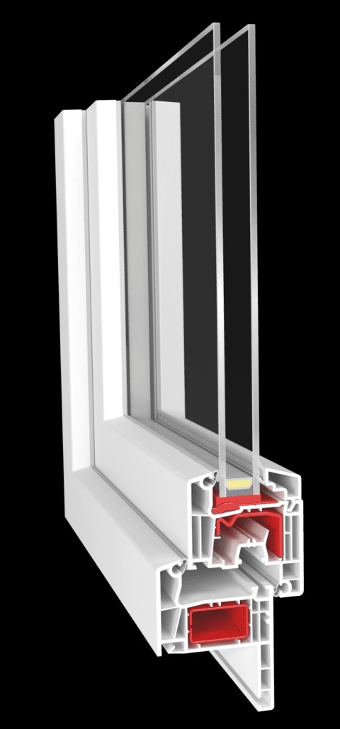 Przekrój poprzeczny okna PCV z widocznymi komorami i uszczelkami, prezentujący budowę profilu i pakiet szybowy.
