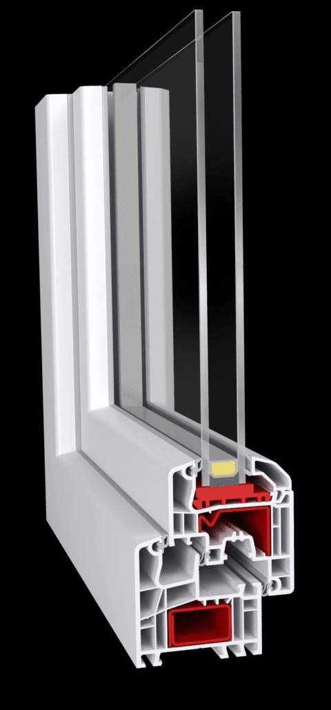 Przekrój ramy okiennej z szybami zespolonymi, widoczne profile z tworzywa sztucznego w kolorze białym i czerwonym na czarnym tle, ilustrujące budowę okna oferowanego w Kaliszu.