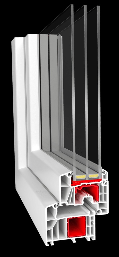 Przekrój ramy okiennej z potrójnym szkleniem, ukazujący wewnętrzną konstrukcję z komorami powietrznymi i czerwonymi elementami izolacyjnymi.