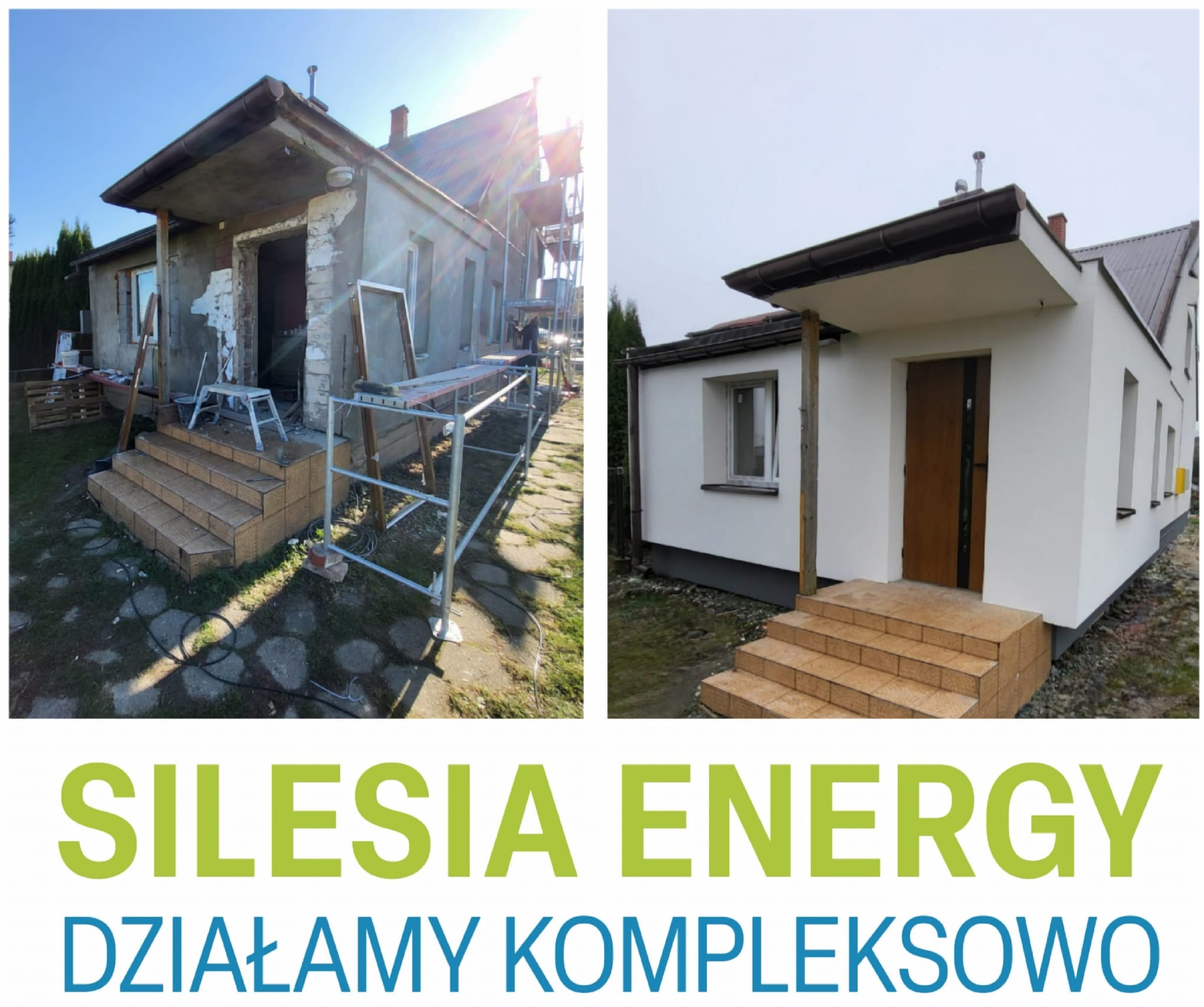 Dom przed i po remoncie elewacji. Po lewej stronie widoczne rusztowania i stan surowy, po prawej budynek z nową, białą elewacją i wykończonym wejściem.