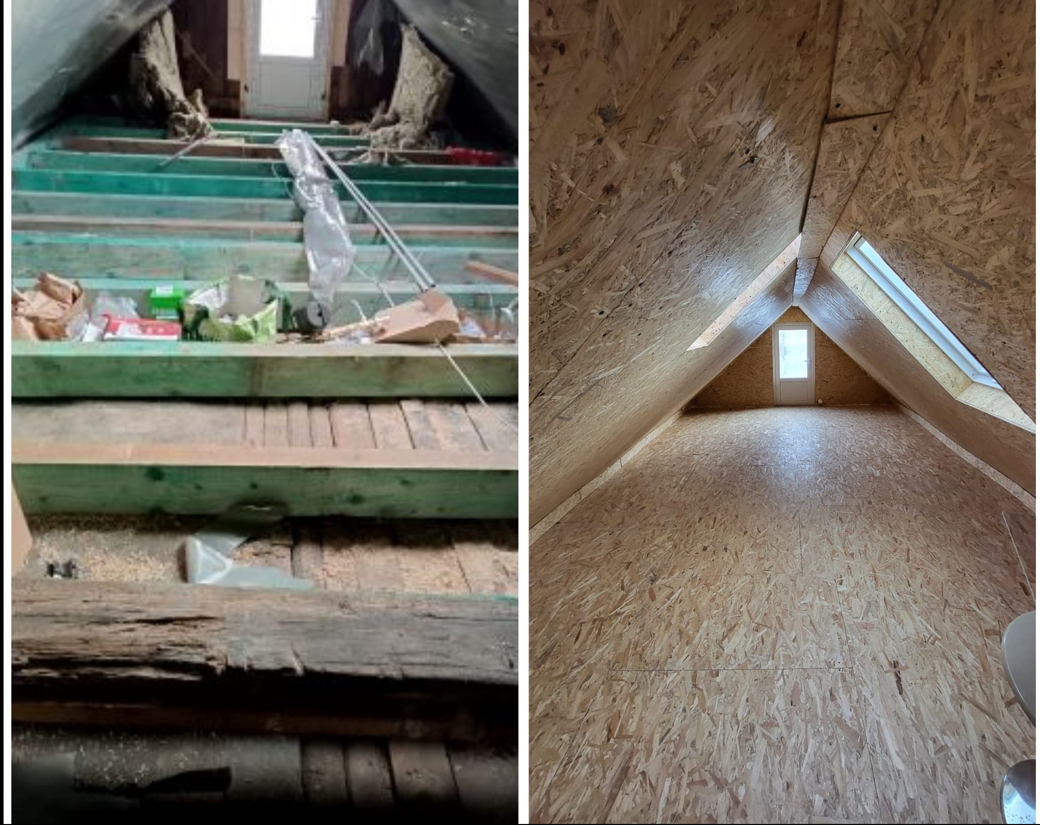 Zdjęcie przedstawia porównanie stanu poddasza przed i po pracach. Po lewej surowe drewno, po prawej wykończone płytami OSB, z oknem dachowym i drzwiami.