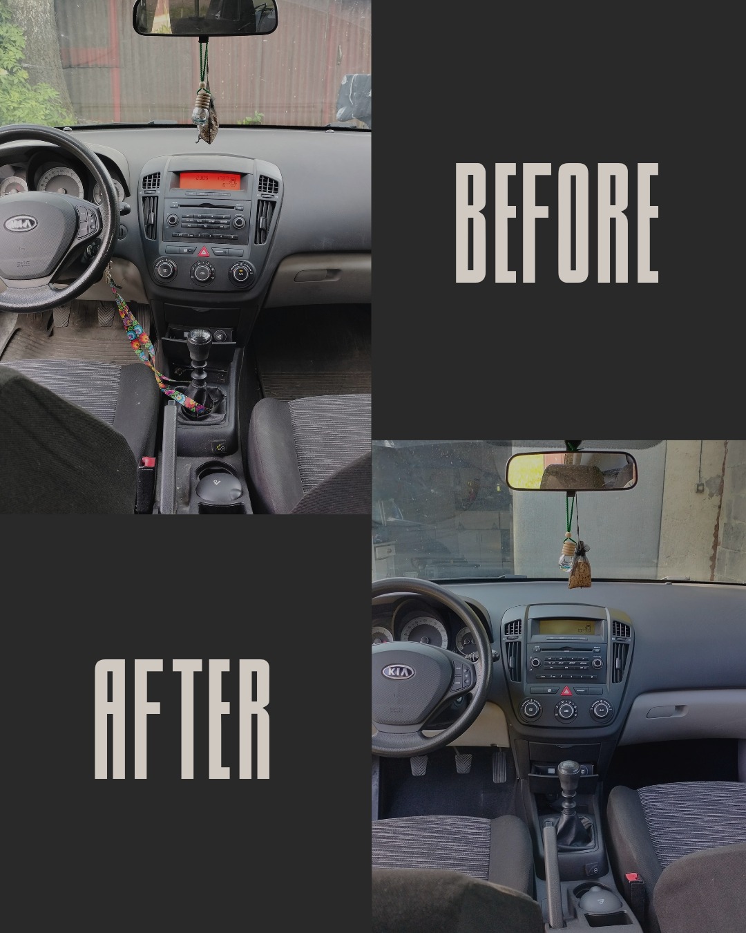 Wnętrze Kia Cee'd w układzie 'przed i po' czyszczeniu. Widoczne detale deski rozdzielczej, kierownicy i siedzeń. Zauważalna różnica w czystości i ogólnym wyglądzie.