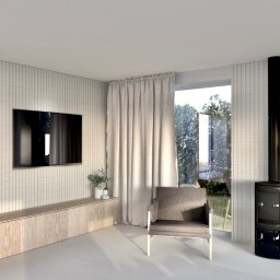 tin design - Jasne, minimalistyczne wnętrze z kominkiem, drewnem opałowym w niszy i dużym oknem z widokiem na zieleń. Krzesło i drewniany stół dodają przytulności.