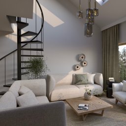 tin design - Jasne wnętrze z spiralnymi schodami, beżowymi sofami, drewnianym stolikiem kawowym i dużym oknem z widokiem na zieleń. Nowoczesny design z elementami dekoracyjnymi na ścianie.