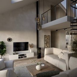 tin design - Jasne wnętrze z antresolą i spiralnymi schodami. Minimalistyczny salon z kominkiem, TV i roślinami. Nowoczesne oświetlenie i neutralna paleta barw.