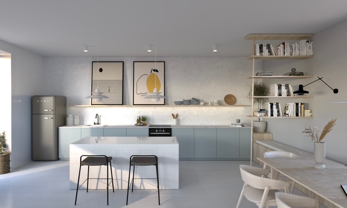 Jasna, nowoczesna kuchnia z wyspą, szarym sprzętem SMEG i minimalistycznymi plakatami na ścianie. Drewniana półka z książkami dodaje przytulności.