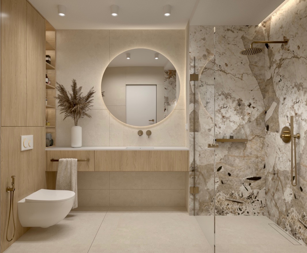 Nowoczesna łazienka z okrągłym lustrem z podświetleniem, marmurową ścianą prysznicową i drewnianymi szafkami. Minimalistyczny design.