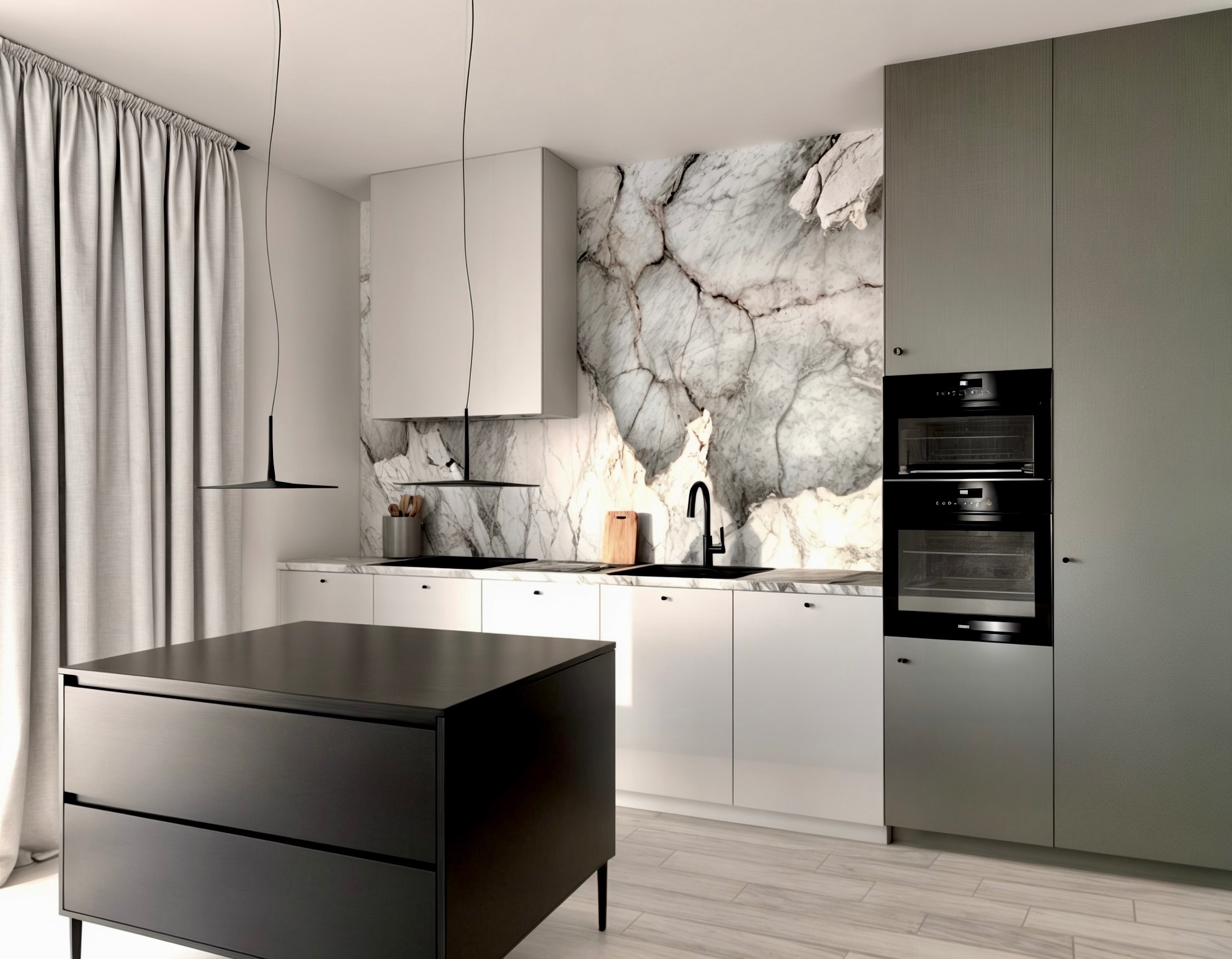 Nowoczesna kuchnia z marmurową ścianą, wyspą i minimalistycznym oświetleniem. Białe szafki i szara zabudowa piekarnika tworzą eleganckie połączenie.