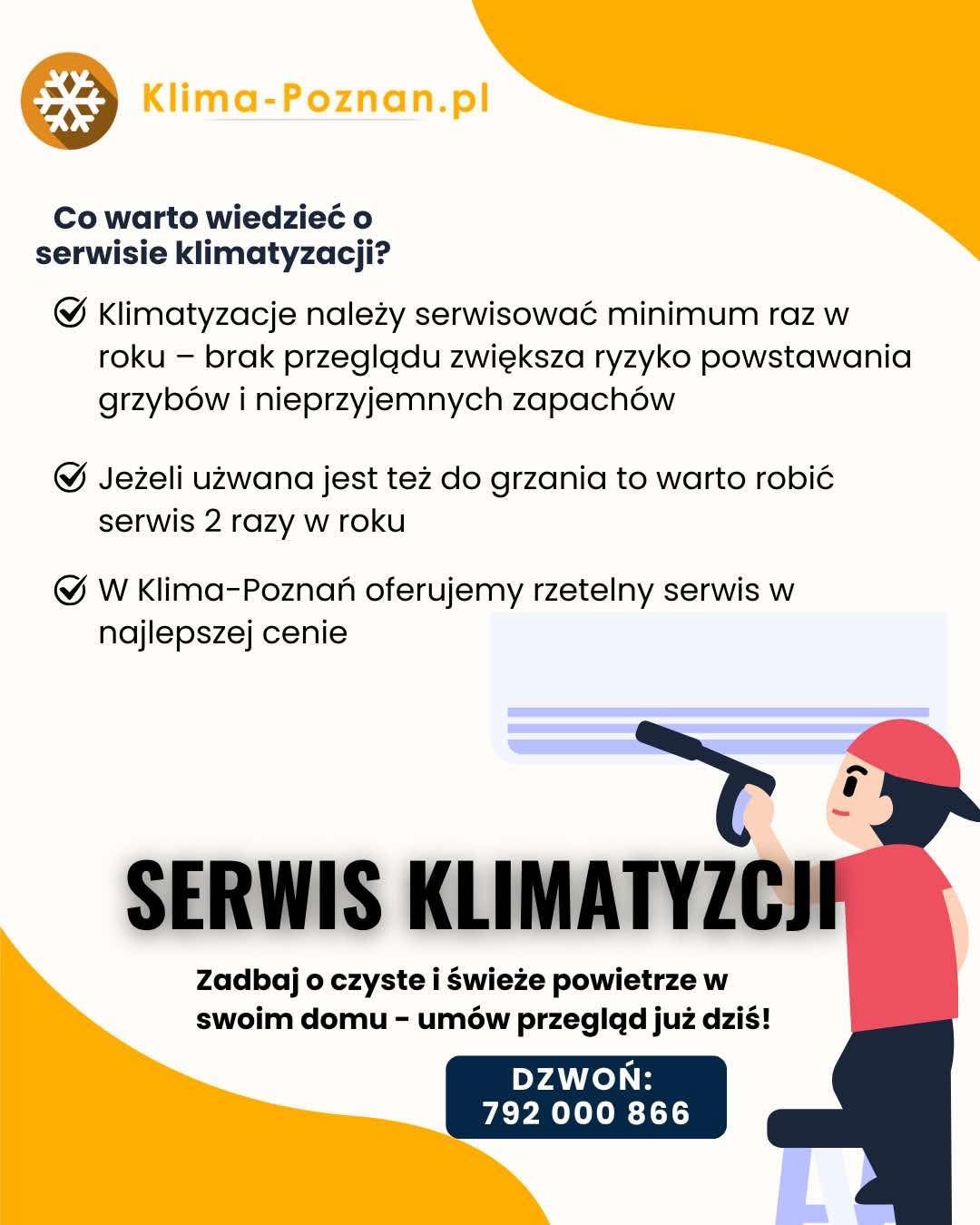 Żółto-biały baner reklamowy serwisu klimatyzacji z logiem Klima-Poznan.pl, informacjami o korzyściach z serwisu i kontaktem telefonicznym, oraz grafiką osoby czyszczącej klimatyzator.