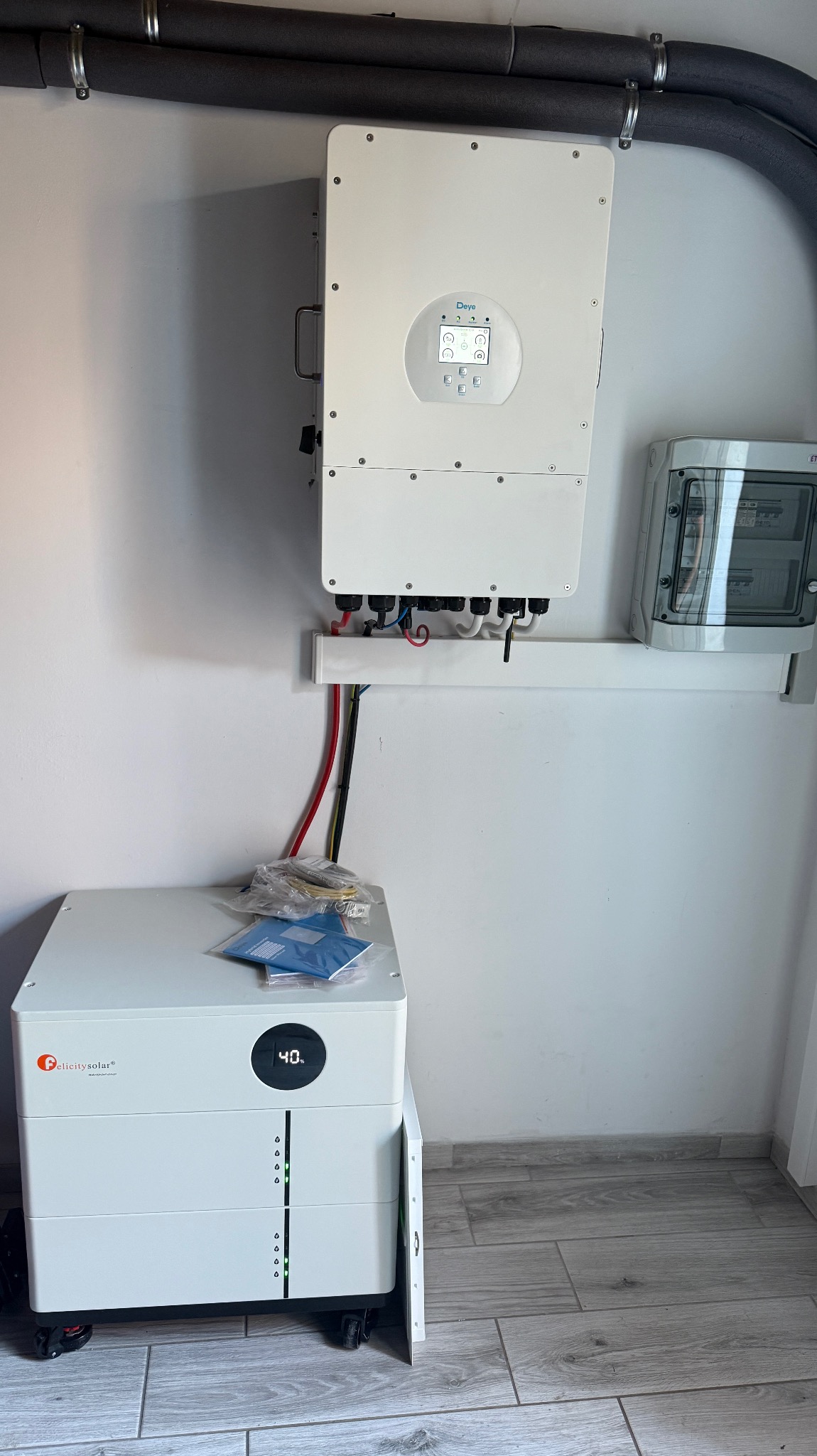 Biały inwerter Deye i moduł magazynowania energii Felicity Solar zamontowane na ścianie w pomieszczeniu. Widoczne kable i zabezpieczenia elektryczne.