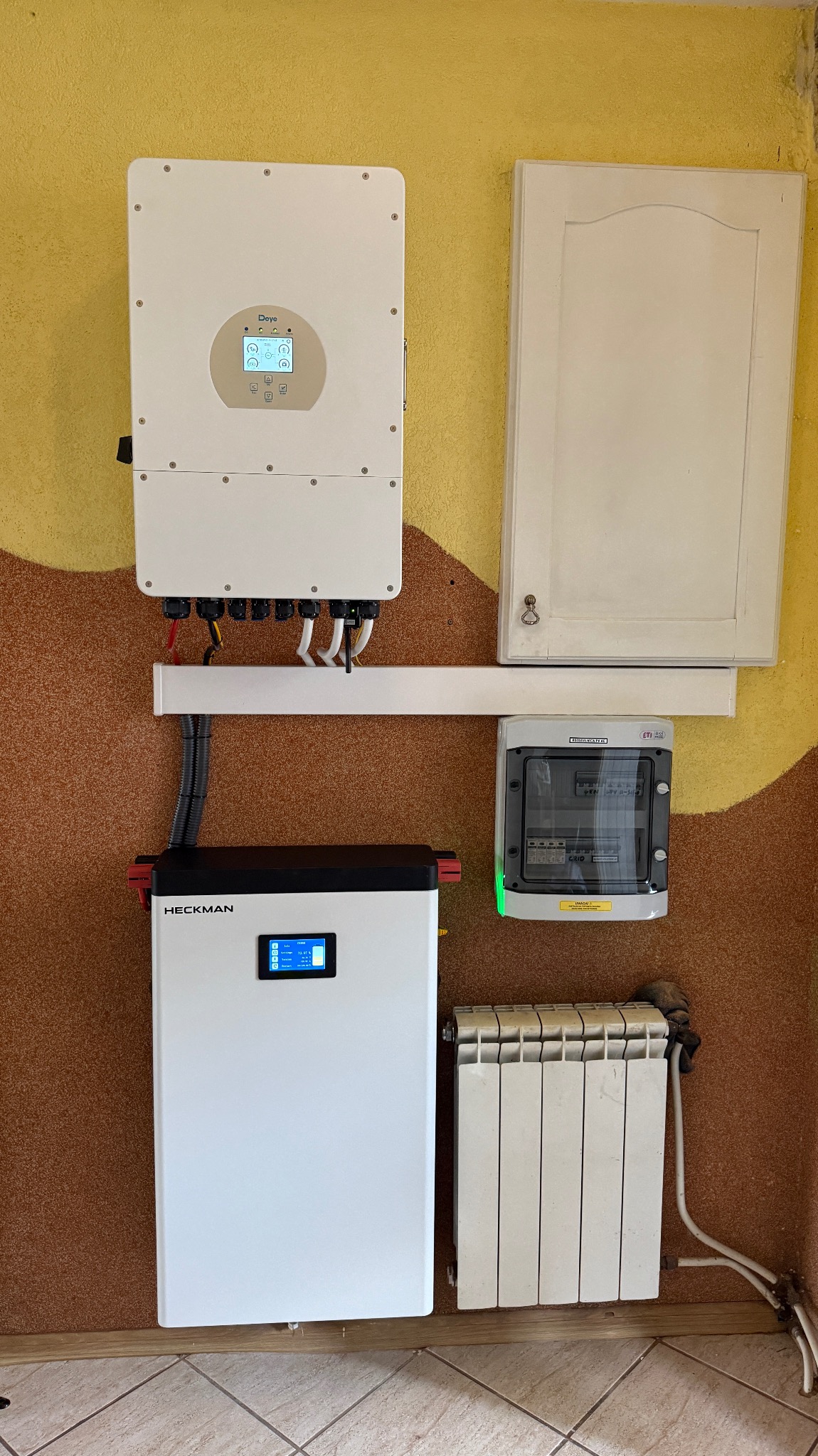 Biały inwerter Deye i magazyn energii Heckman zamontowane na ścianie obok skrzynki elektrycznej i grzejnika. Widoczne kable i złącza.