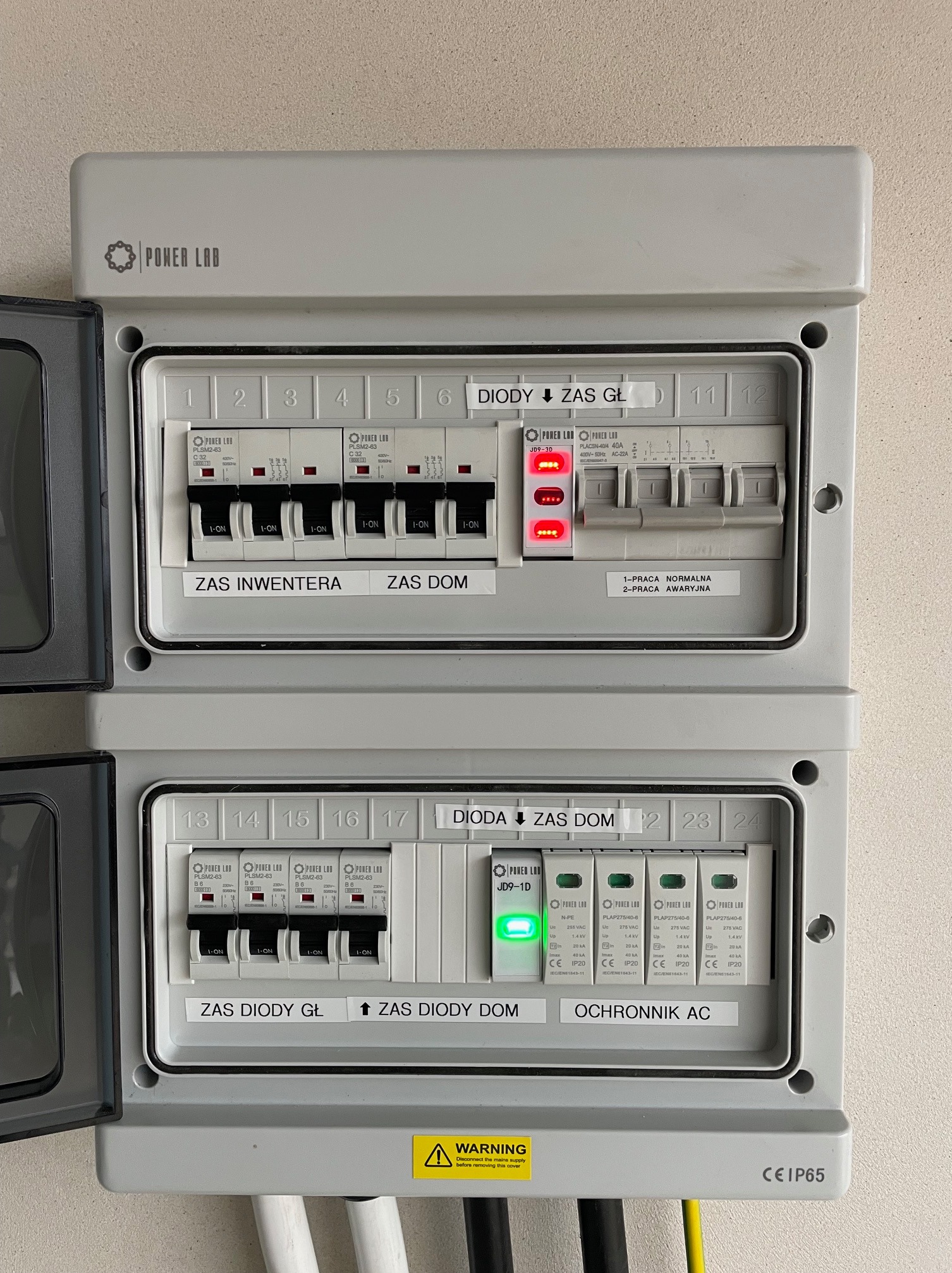 zabezpieczenia od strony AC, wraz z wyłącznikiem tzw. Byjpas