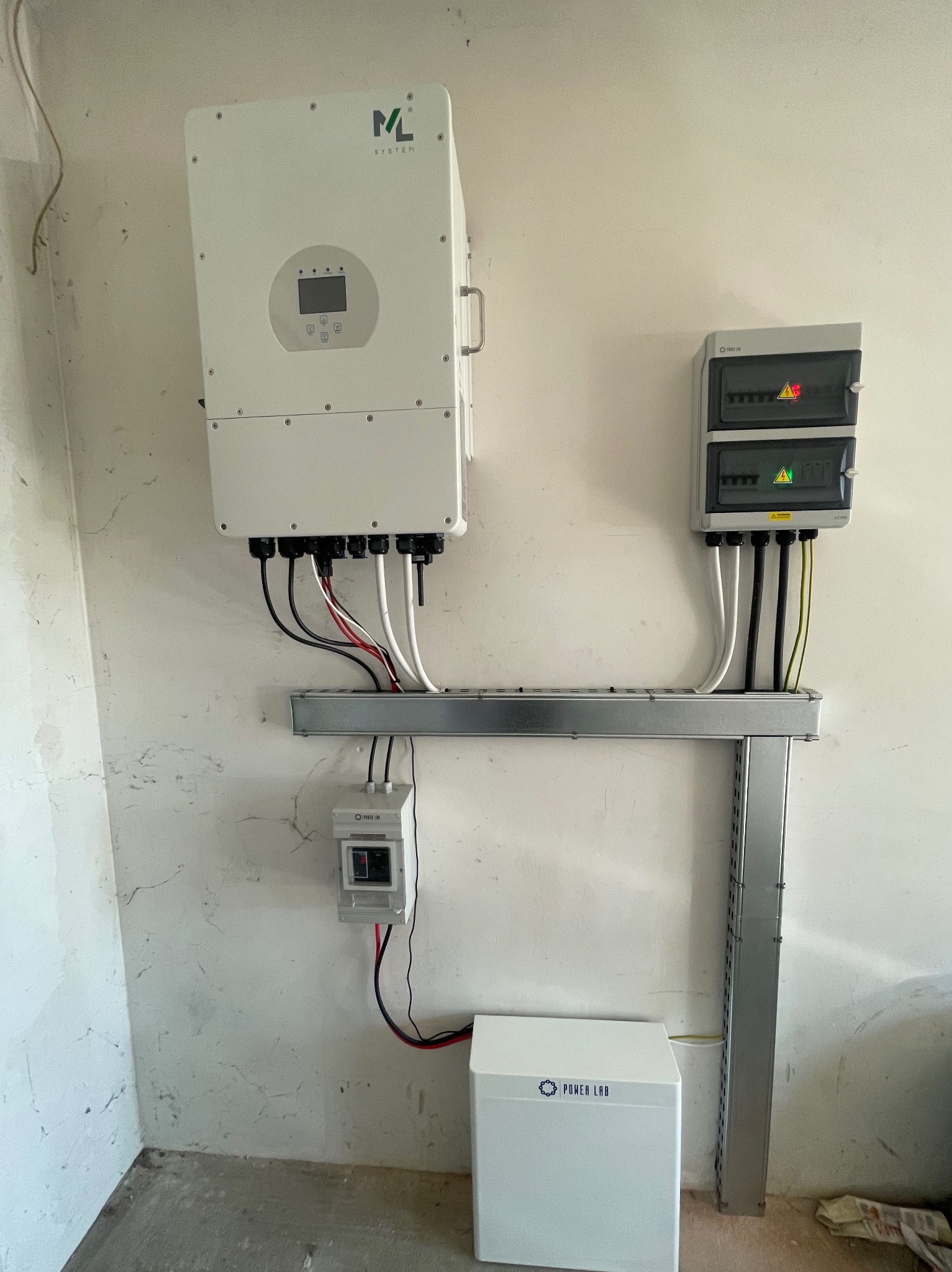 Biały inwerter fotowoltaiczny ML System zamontowany na ścianie obok rozdzielnicy elektrycznej i akumulatora Power Lab, z widocznymi przewodami w korytku kablowym.