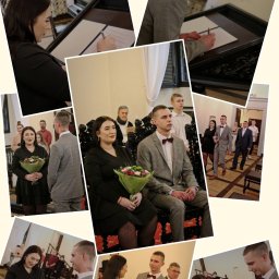 Fotografia Szymon Fraszewski - Kolaż zdjęć z uroczystości ślubnej: para podpisuje dokumenty, wymienia obrączki, pozuje z bukietami na tle gości.