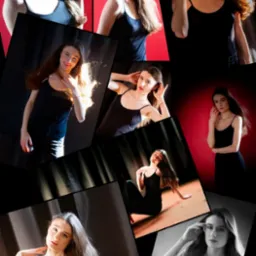 Kompozycja kilku portretowych ujęć młodej kobiety w czarnym topie na różnych tłach i w różnych pozach, z logo fotografa w lewym dolnym rogu.